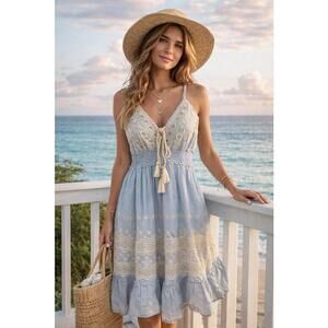 POL Women’s Boho Blue Embroidered Lace Tassel Dress Size L NWT Smocked